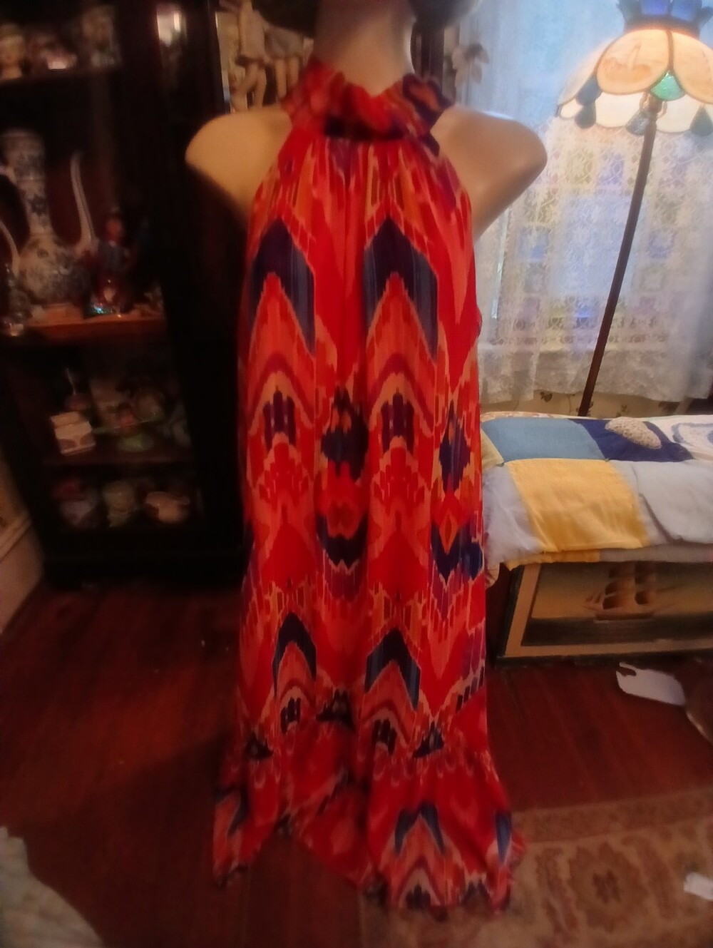 Donna Ricco NY Maxi Dress Ruffled Bottom Multi Colored Back Tie Sash Sz 12